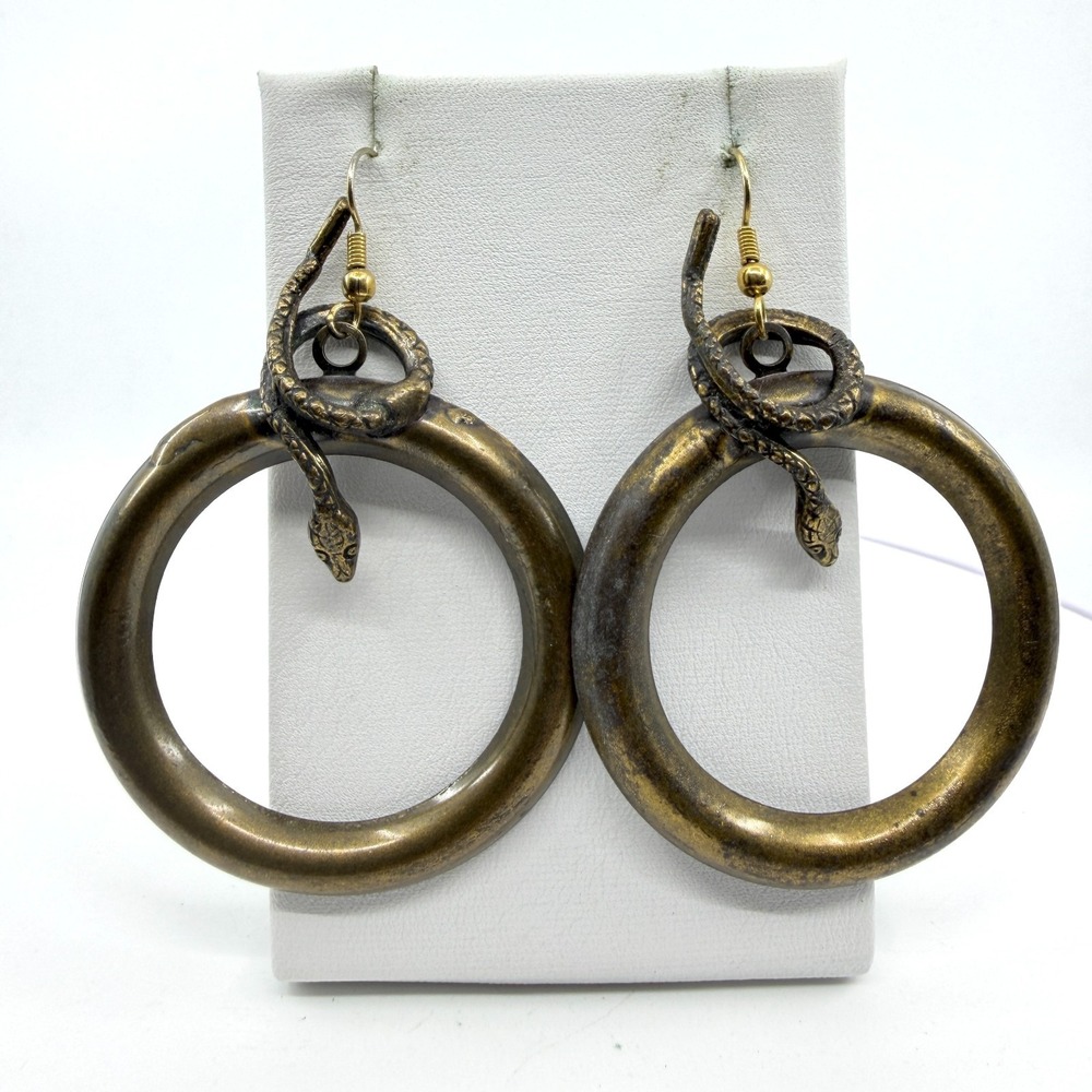 Antique Bronze Tone Snake Hoop Dangle Earrings Gothic Boho Statement Oversized